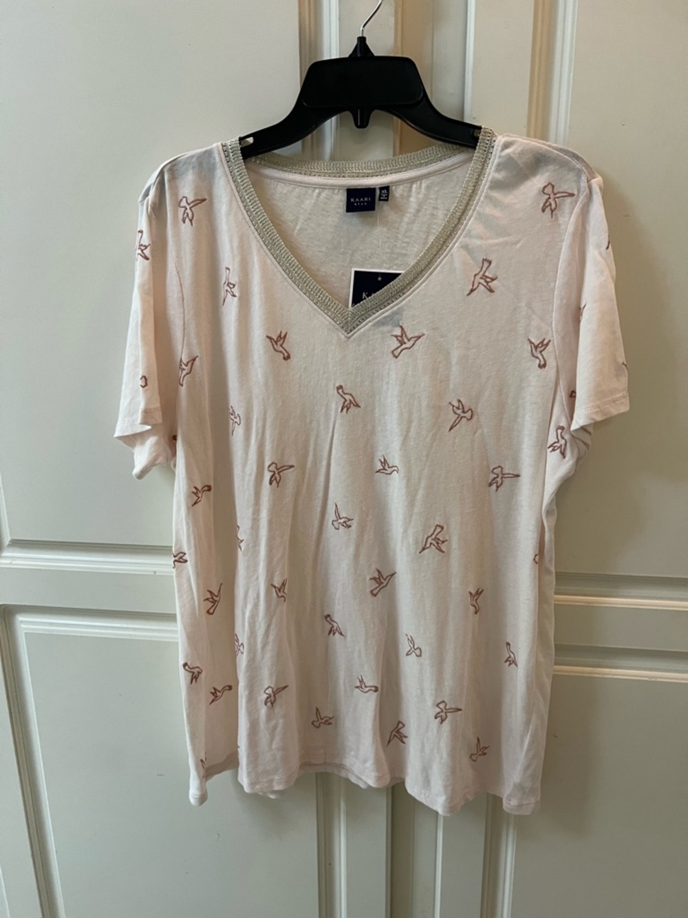 Kaari Blue Light Pink/peach V-Neck Tee with Bird Embroidery and Metallic Trim